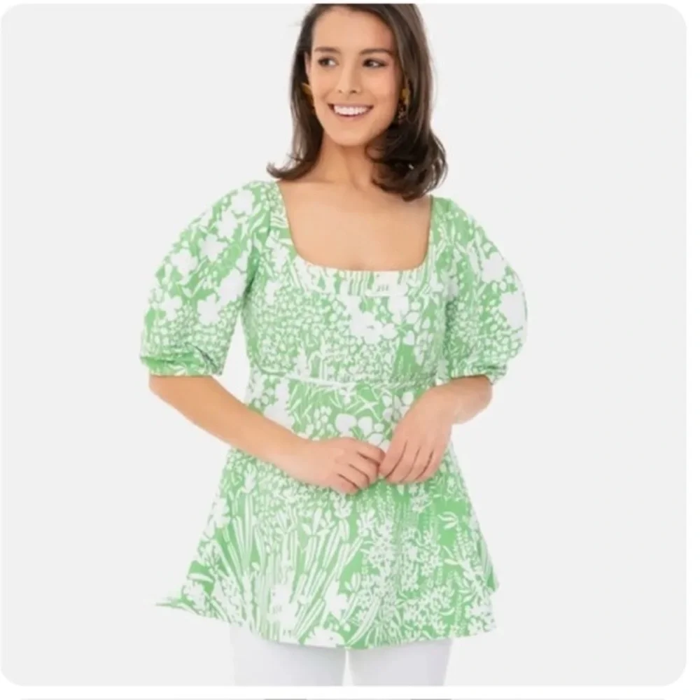 Tuckernuck Women's Nealy Corset Top Green Garden Floral Puff Sleeve Blouse XS